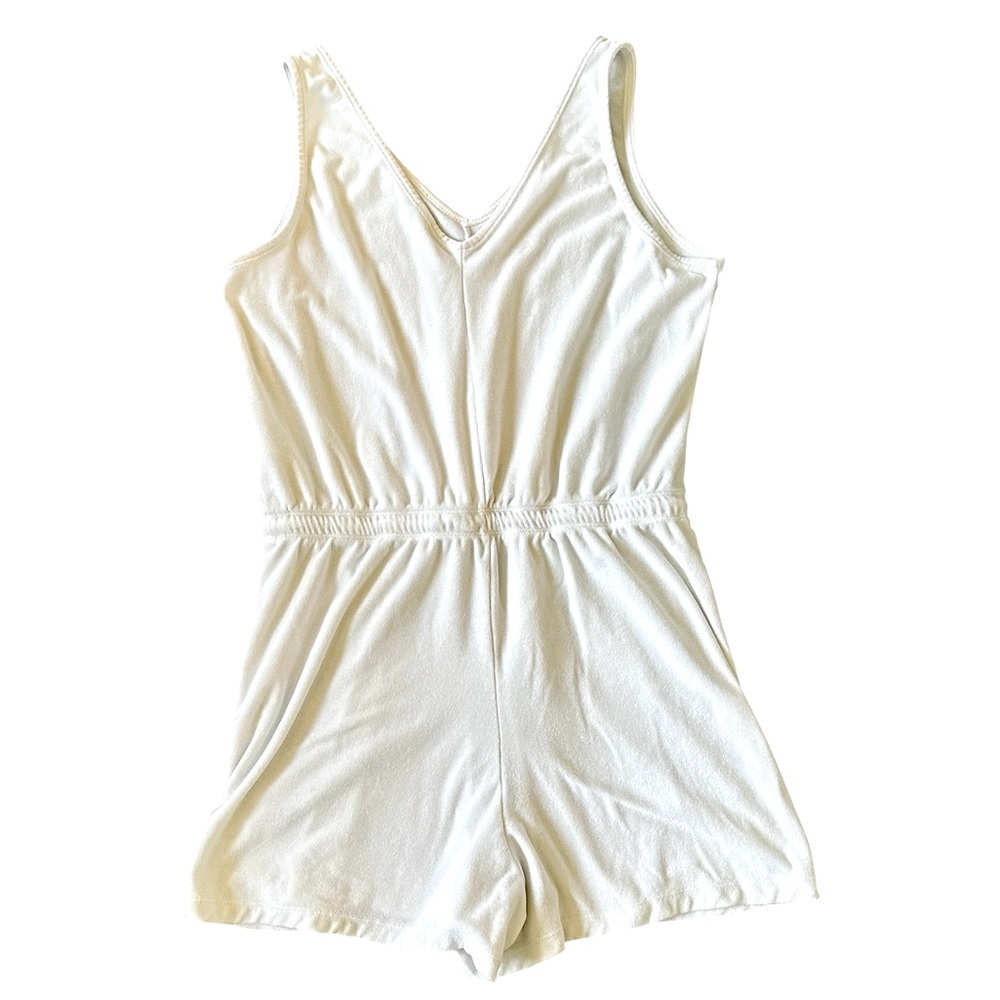 OLD NAVY white terry cloth v-neck drawstring waist romper w/pockets size Large - Picture 3 of 7